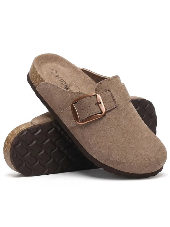 Suede Cork Footbed Clogs for Women & Men, Arch Support Closed-Toe Potato Shoes, Adjustable Buckle Slip-On Mules