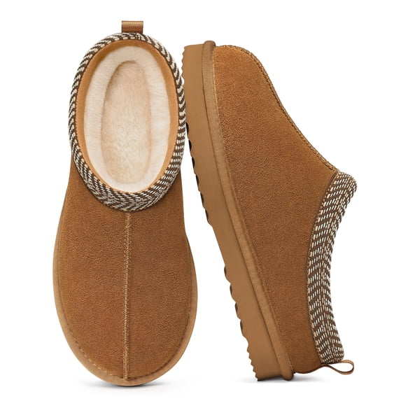 Litfun Genuine Suede Slippers for Women Cozy Winter House Shoes Fuzzy Memory Foam House Slippers, Chestnut