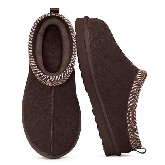 Litfun Genuine Suede Slippers for Women Cozy Winter House Shoes Fuzzy Memory Foam House Slippers, Coffe