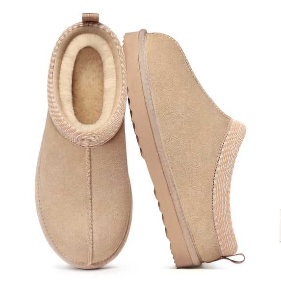Litfun Genuine Suede Slippers for Women Cozy Winter House Shoes Fuzzy Memory Foam House Slippers, Sand