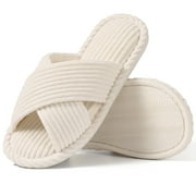 Litfun House Slippers for Women Memory Foam Bedroom Slippers Corduroy Open Toe Slides Shoes, Beige
