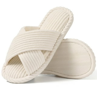 Litfun House Slippers for Women Memory Foam Bedroom Slippers Corduroy Open Toe Slides Shoes, Beige