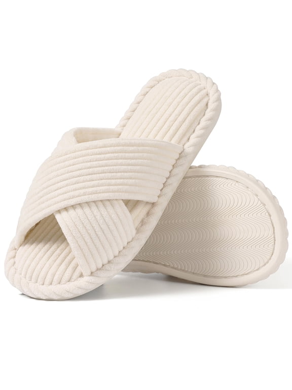 House Slippers for Women Memory Foam Bedroom Slippers Corduroy Open Toe Slides Shoes, Beige
