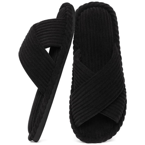 Litfun House Slippers for Women Memory Foam Bedroom Slippers Corduroy Open Toe Slides Shoes, Black