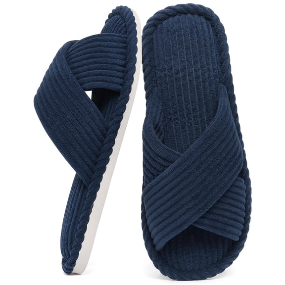 Litfun House Slippers for Women Memory Foam Bedroom Slippers Corduroy Open Toe Slides Shoes, Navy