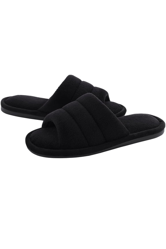 Open Toe Slippers for Women Comfort Terry Cloth House Slippers Memory Foam Slide Slippers, Black