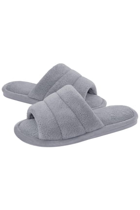 Open Toe Slippers for Women Comfort Terry Cloth House Slippers Memory Foam Slide Slippers, Grey