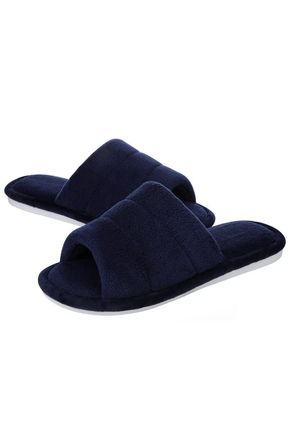 Open Toe Slippers for Women Comfort Terry Cloth House Slippers Memory Foam Slide Slippers, Navy