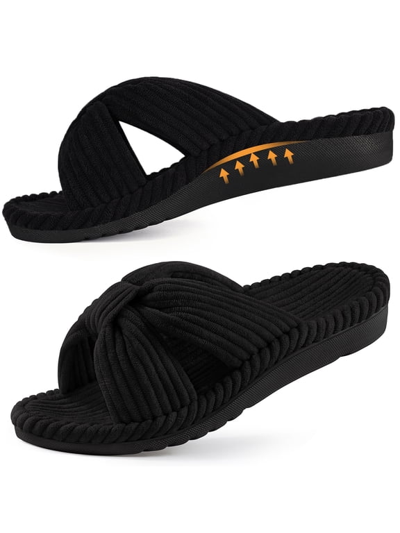 Orthopedic Arch Support Slippers for Women Open Toe House Slippers Corduroy Cross Bow Slide Slippers, Black