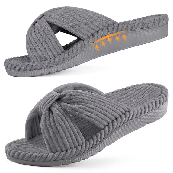 Litfun Orthopedic Arch Support Slippers for Women Open Toe House Slippers Corduroy Cross Bow Slide Slippers, Grey