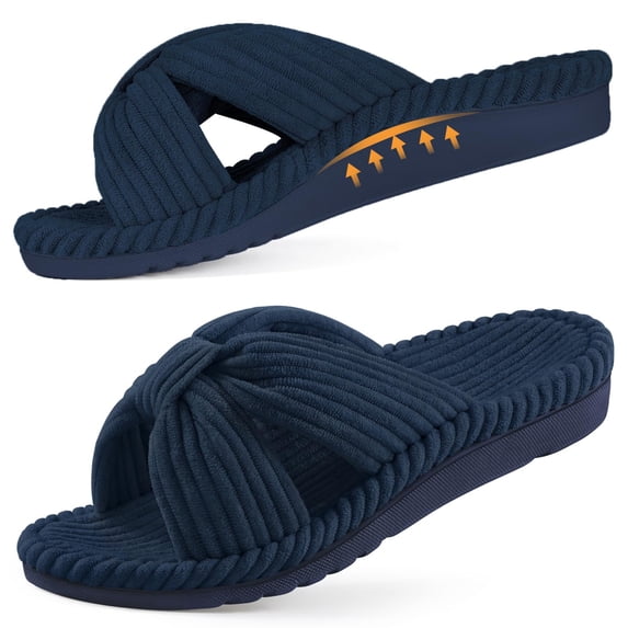 Litfun Orthopedic Arch Support Slippers for Women Open Toe House Slippers Corduroy Cross Bow Slide Slippers, Navy