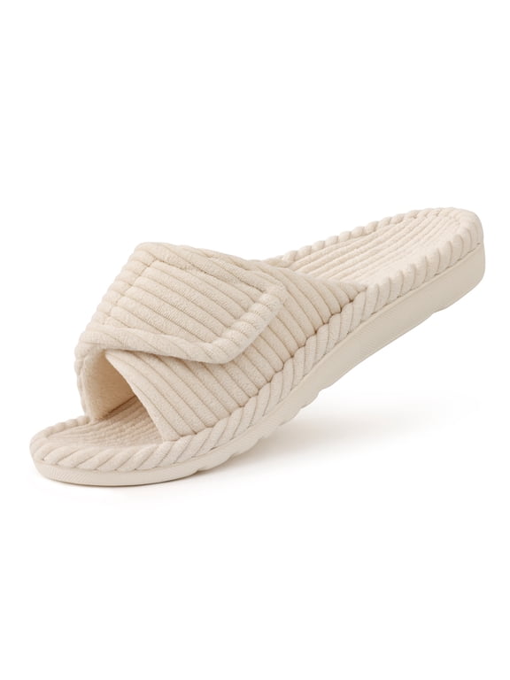 Orthotic Slippers for Women Adjustable Corduroy House Slippers Arch Support Slide Slippers, Beige, Size 8-8.5