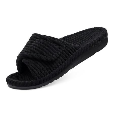 Litfun Orthotic Slippers for Women Adjustable Corduroy House Slippers Arch Support Slide Slippers, Black, Size 8-8.5