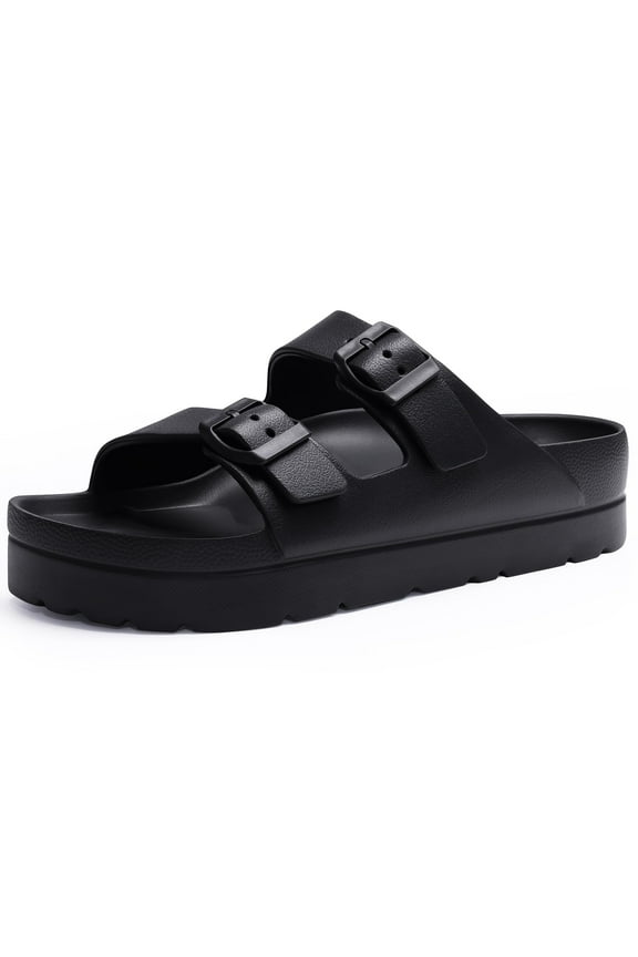 Slide Sandals for Women Thick Soles Summer Beach Sandals with Arch Support Platform Sandals with Adjustable Buckle, Black