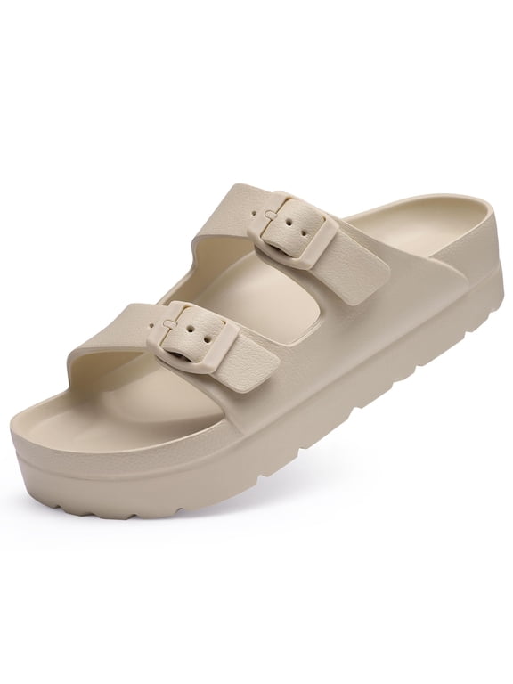 Slide Sandals for Women Thick Soles Summer Beach Sandals with Arch Support Platform Sandals with Adjustable Buckle, Nude