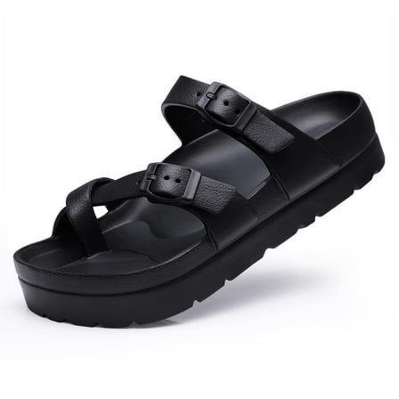 Litfun Slides for Women Thick Soles Slide Sandals with Arch Support Adjustable Buckle Platform Sandals, Black, 8-8.5