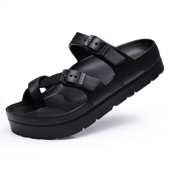 Litfun Slides for Women Thick Soles Slide Sandals with Arch Support Adjustable Buckle Platform Sandals, Black, 8-8.5