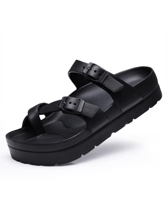 Slides for Women Thick Soles Slide Sandals with Arch Support Adjustable Buckle Platform Sandals, Black, 8-8.5