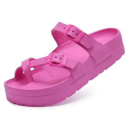 Litfun Slides for Women Thick Soles Slide Sandals with Arch Support Adjustable Buckle Platform Sandals, Hot Pink, 6