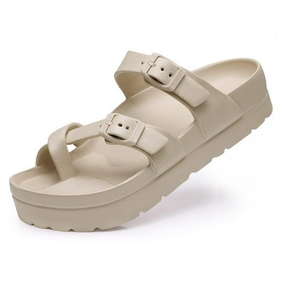 Litfun Slides for Women Thick Soles Slide Sandals with Arch Support Adjustable Buckle Platform Sandals, Nude, 8-8.5