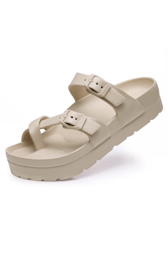 Slides for Women Thick Soles Slide Sandals with Arch Support Adjustable Buckle Platform Sandals, Nude, 8-8.5