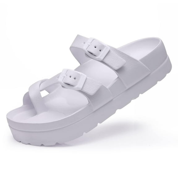 Litfun Slides for Women Thick Soles Slide Sandals with Arch Support Adjustable Buckle Platform Sandals, White, 8-8.5