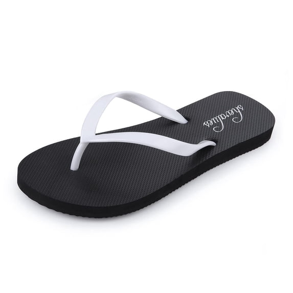 Litfun Slim Flip Flops for Women Casual Thong Flat Sandals Soft Rubber Slip on Sandals,Black-White,9.5-10