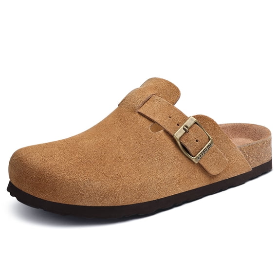 Litfun Suede Clogs for Women Cork Footbed Leather Sandals Arch Support Potato Shoes with Adjustable Buckle, Brown