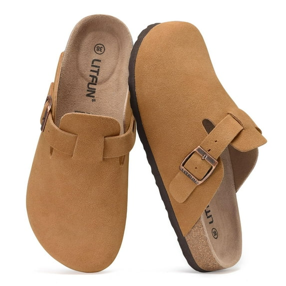 Litfun Suede Clogs for Women Cork Footbed Leather Sandals Arch Support Potato Shoes with Adjustable Buckle, Brown