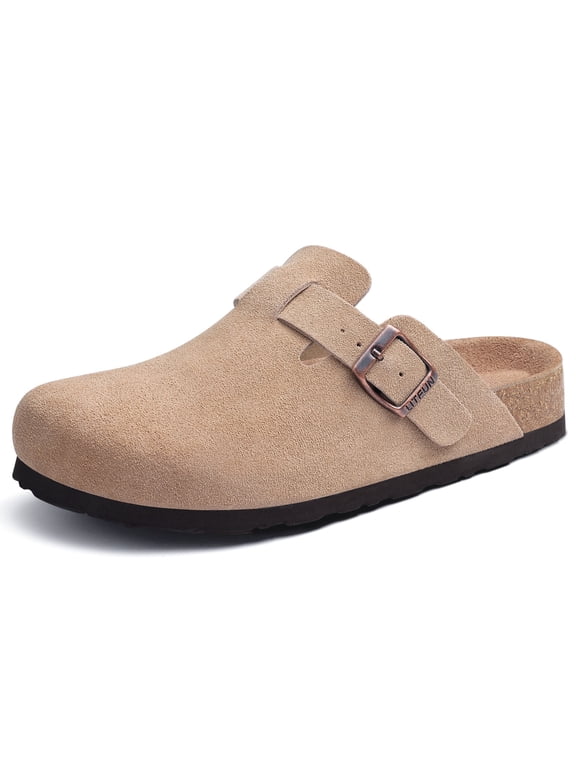 Suede Clogs for Women Cork Footbed Leather Sandals Arch Support Potato Shoes with Adjustable Buckle, Taupe