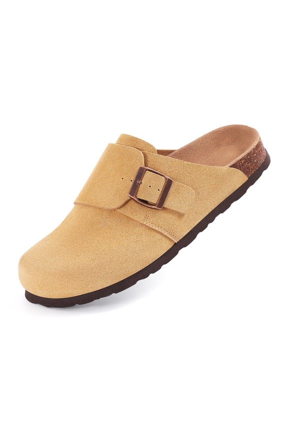 Suede Clogs for Women Cork Footbed Sandals Arch Support Potato Shoes with Adjustable Buckle, Brown