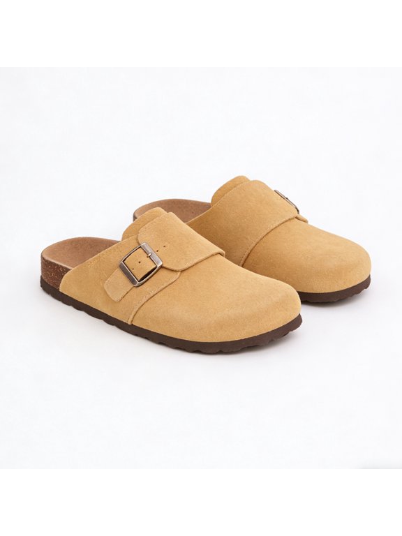 Suede Clogs for Women Cork Footbed Sandals Arch Support Potato Shoes with Adjustable Buckle, Brown