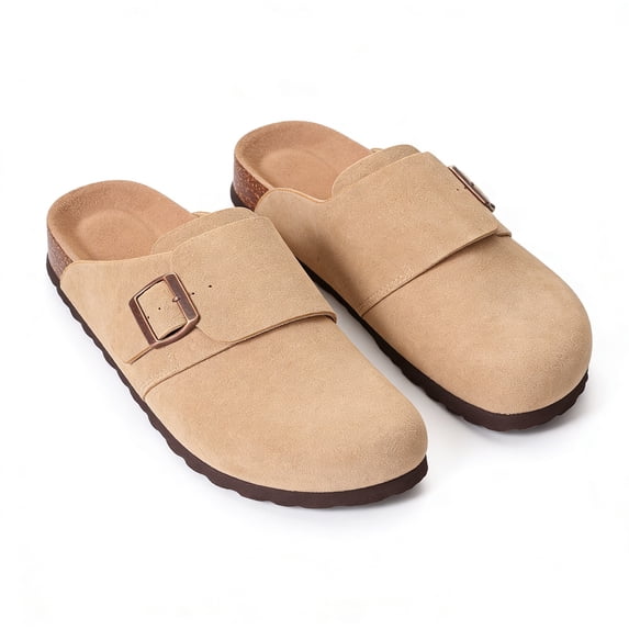 Litfun Suede Clogs for Women Cork Footbed Sandals Arch Support Potato Shoes with Adjustable Buckle, Taupe