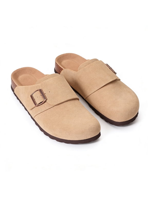 Suede Clogs for Women Cork Footbed Sandals Arch Support Potato Shoes with Adjustable Buckle, Taupe
