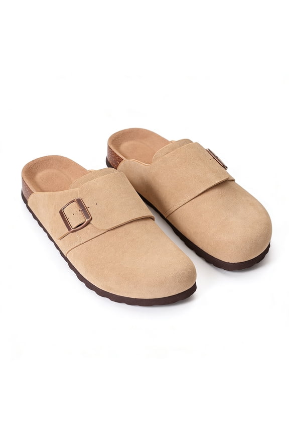 Suede Clogs for Women Cork Footbed Sandals Arch Support Potato Shoes with Adjustable Buckle, Taupe