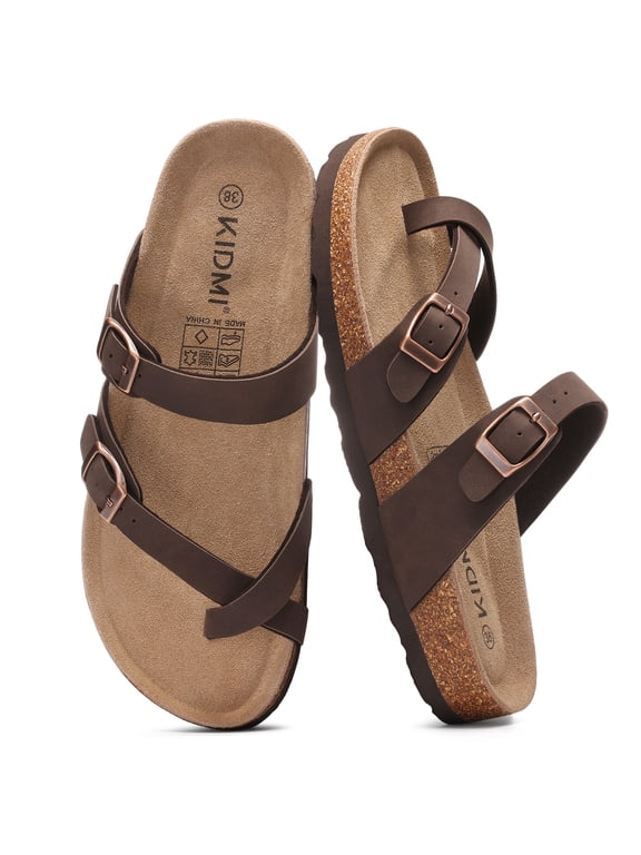 Suede Cork Footbed Sandals for Women Summer Arch Support Slide Sandals with Adjustable Buckles, Dark Brown