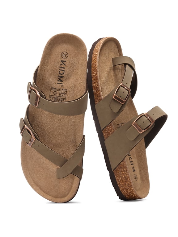 Suede Cork Footbed Sandals for Women Summer Arch Support Slide Sandals with Adjustable Buckles, Brown