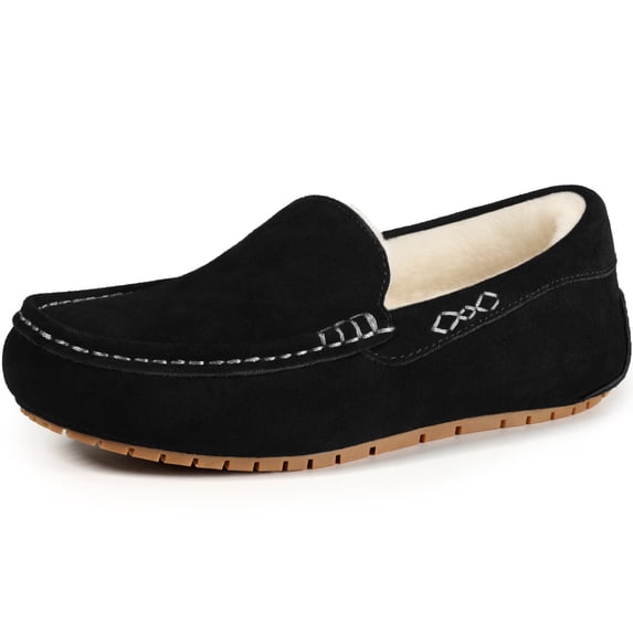 Litfun Suede Moccasin Slippers for Women Comfy Fuzzy House Slippers Warm Faux Fur Lined House Shoes Indoor Outdoor, Black