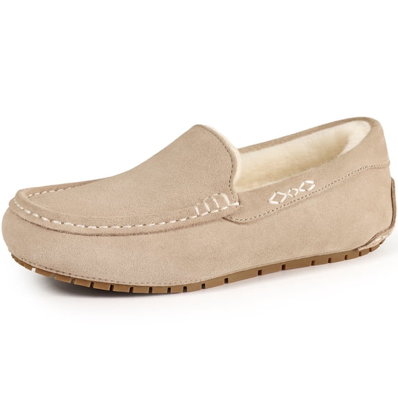Litfun Suede Moccasin Slippers for Women Comfy Fuzzy House Slippers Warm Faux Fur Lined House Shoes Indoor Outdoor, Sand
