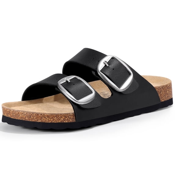 Litfun Women's Cork Footbed Slide Sandals Summer Leather Flat Sandals with Adjustable Buckles, Black