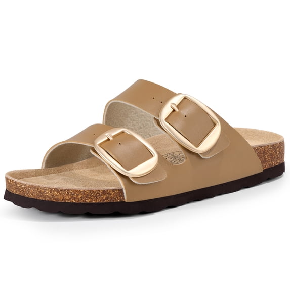 Litfun Women's Cork Footbed Slide Sandals Summer Leather Flat Sandals with Adjustable Buckles, Camel Brown