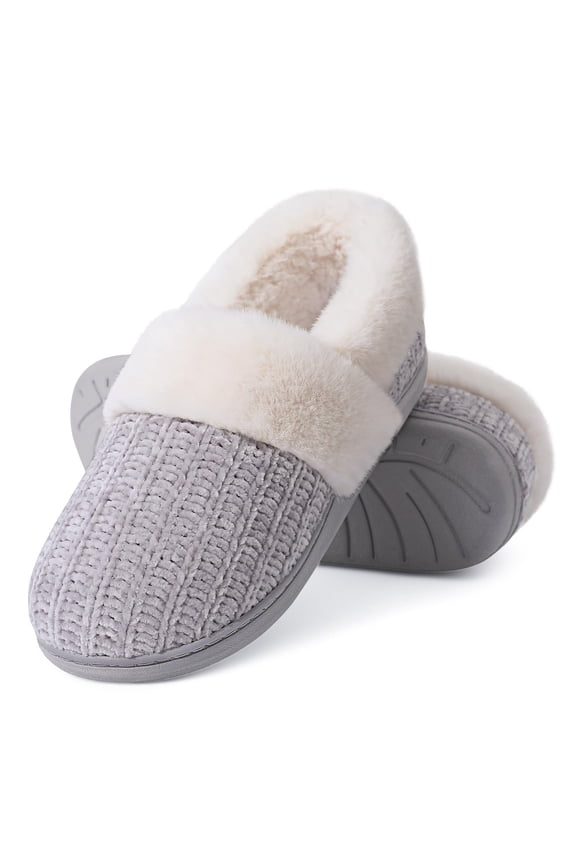 Women's Chenille Knit House Shoes Fleece Lined Memory Foam House Slippers, Grey, Size 5-6.5