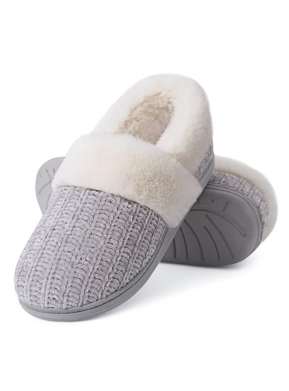 Women's Chenille Knit House Shoes Fleece Lined Memory Foam House Slippers, Grey, Size 7-8