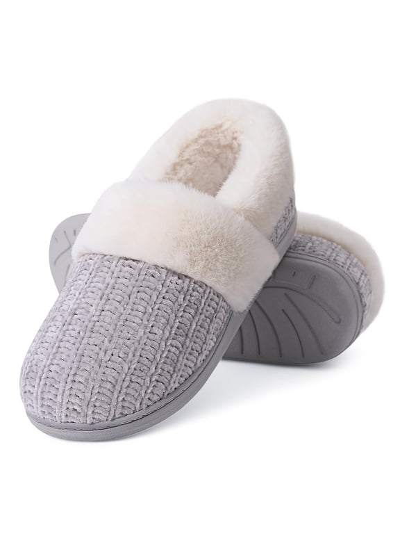 Women's Chenille Knit House Shoes Fleece Lined Memory Foam House Slippers, Grey, Size 7-7.5