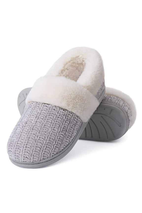 Women's Chenille Knit House Shoes Fleece Lined Memory Foam House Slippers, Grey, Size 7-8
