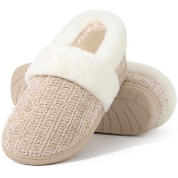 Litfun Women's Chenille Knit House Shoes Fleece Lined Memory Foam House Slippers, Khaki, Size 5-6.5