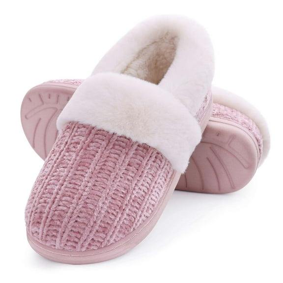 Litfun Women's Chenille Knit House Shoes Fleece Lined Memory Foam House Slippers, Pink, Size 11.5-12