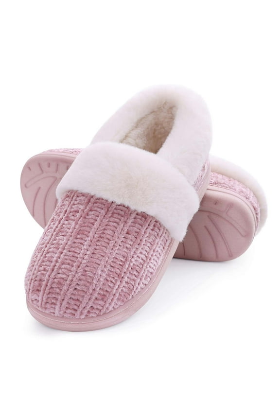 Women's Chenille Knit House Shoes Fleece Lined Memory Foam House Slippers, Pink, Size 11.5-12