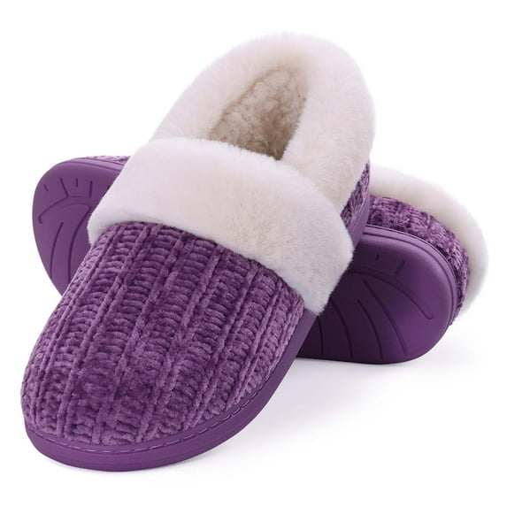 Litfun Women's Chenille Knit House Shoes Fleece Lined Memory Foam House Slippers, Purple, Size 10-11