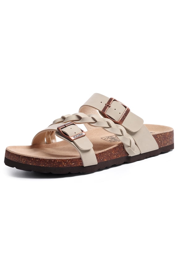 Women's Cork Footbed Sandals with Arch Support Slip-on Slide Sandals with Adjustable Buckles, Stone